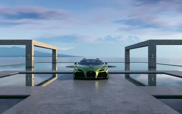 8K Ultra HD PC desktop wallpaper of a green Bugatti Brouillard vehicle centered on a reflective modern terrace overlooking the sea.