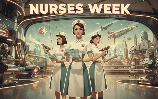 Nurses Week 4K Ultra HD PC desktop wallpaper: retro-futuristic illustration of three nurses in vintage uniforms holding medical instruments and charts amid a sleek sci‑fi hospital skyline.