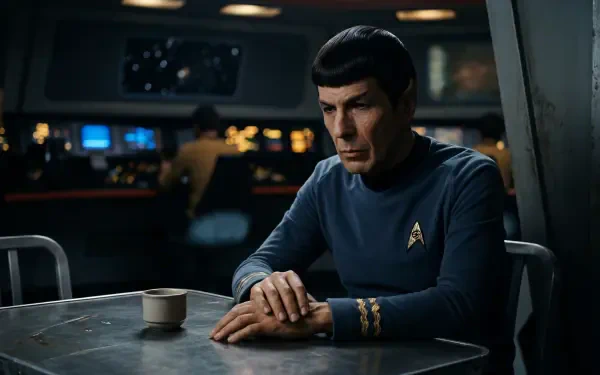 Spock seated at a metal table in a starship interior, contemplative expression with a cup nearby — 5K Ultra HD PC desktop wallpaper/background.