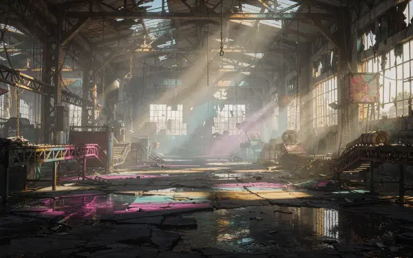 Sunlit, dust-filled abandoned factory interior with broken windows, scattered debris and reflective puddles — 4K Ultra HD PC desktop wallpaper and background.