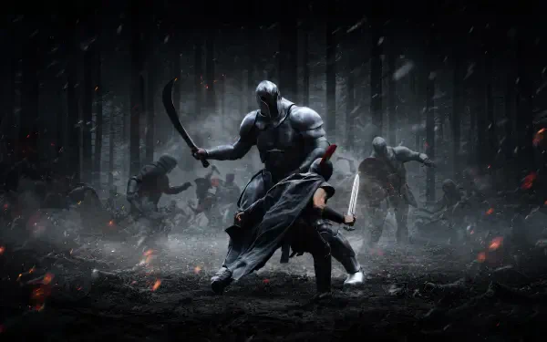 The Odyssey (2026) 4K Ultra HD PC desktop wallpaper and background: armored warrior with curved blade confronting shadowy foes in a rain-soaked, ember-lit forest battlefield.