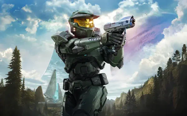 Master Chief from Halo: Campaign Evolved aims a pistol against alien mountains and a dramatic sky — 4K Ultra HD PC desktop wallpaper/background, video game art.