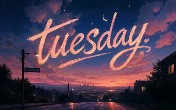 Tuesday — 4K Ultra HD PC desktop wallpaper/background: stylized tuesday script across a twilight city street, crescent moon, glowing sunset clouds and a reflective wet road.