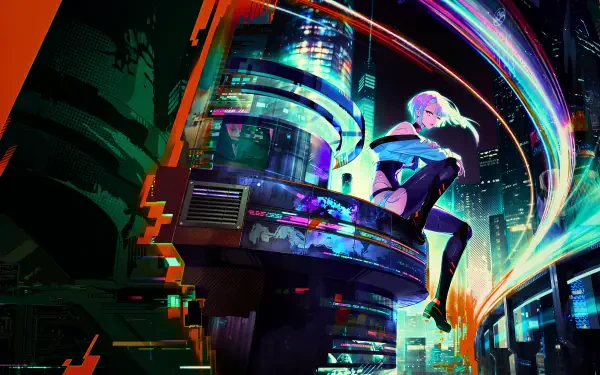 5K Ultra HD PC wallpaper: Lucy (Cyberpunk: Edgerunners) — anime girl perched on a neon-soaked tower in a Wuthering Waves–style cyberpunk city, streaking multicolored light trails.