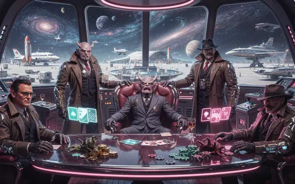 Mafia kingpins at a neon-lit poker table in a futuristic spaceport with starships in the sky — 4K Ultra HD PC Desktop Wallpaper and Background