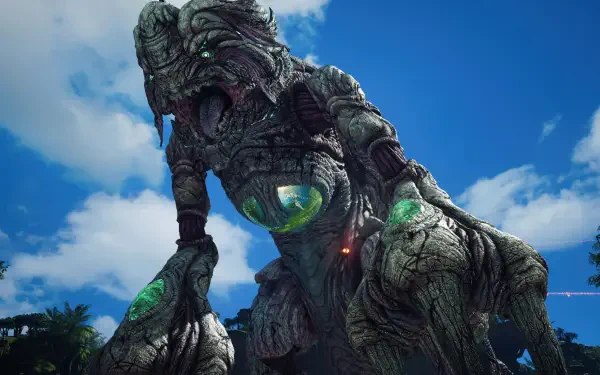 Giant stone-and-wood creature with glowing green cores against a blue sky — Final Fantasy VII Revelation video game 4K Ultra HD PC desktop wallpaper background.
