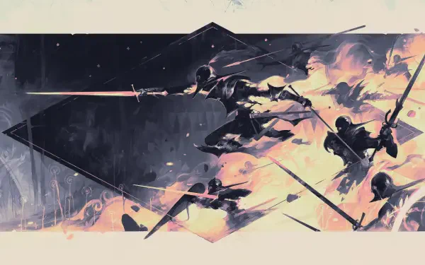 Dynamic digital painting illustration: silhouetted warriors lunging with spears across an abstract geometric landscape, vibrant smoke and light — 2K Quad HD PC desktop wallpaper/artwork.