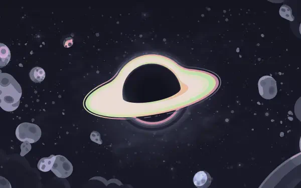4K Ultra HD digital painting landscape: a stylized glowing ringed planet drifting among asteroids in a starry void — illustration artwork PC desktop wallpaper.