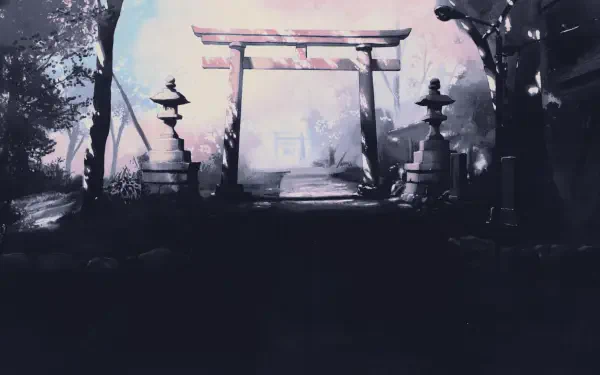 Digital art digital painting illustration artwork landscape: moody scene with a torii gate between stone lanterns and trees, misty dawn — HD PC desktop wallpaper background