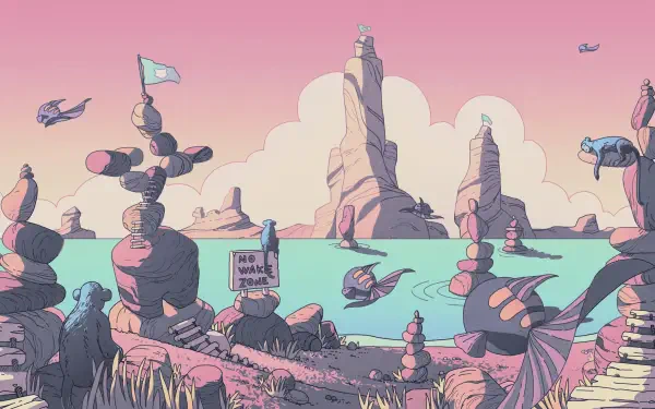 Digital art, digital painting, illustration, artwork, landscape: pastel coastal scene with stacked stones, towering rock spires and flying fish — 2K Quad HD PC desktop wallpaper/background.