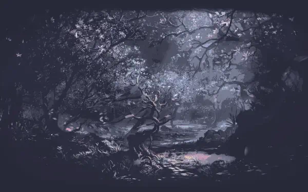 Moody moonlit forest clearing in a blue-gray palette, digital painting illustration landscape artwork, HD PC desktop wallpaper and background.