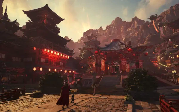 4K Ultra HD PC wallpaper from the video game Final Fantasy VII Revelation: lone figure in a lantern-lit, pagoda-lined village at dusk beneath craggy mountains.