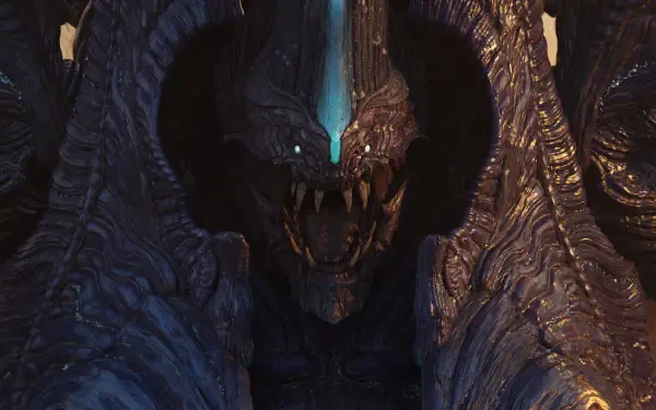 4K Ultra HD PC desktop wallpaper and background: menacing monster from the video game Final Fantasy VII Revelation, close-up with a glowing cyan forehead gem, jagged teeth and dark armored hide.
