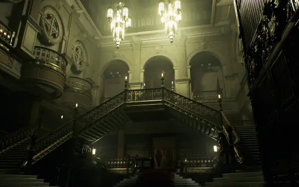 Dim, ominous mansion foyer with double staircases and chandeliers — Resident Evil: Veronica video game 4K Ultra HD PC desktop wallpaper/background.