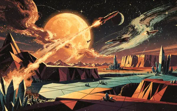 Polyscape 4K Ultra HD PC desktop wallpaper background: low-poly alien landscape with geometric cliffs and teal plains, rockets and comet trails streaking past a glowing orange planet.