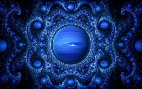 4K Ultra HD PC desktop wallpaper and background: stylized Neptune at the center, a glowing deep-blue planet framed by ornate fractal rings and swirling cosmic textures.