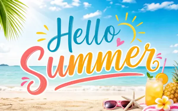 Hello Summer script over a 4K Ultra HD PC desktop wallpaper of a summer tropical beach with palm frond, sunglasses, starfish and a chilled tropical drink