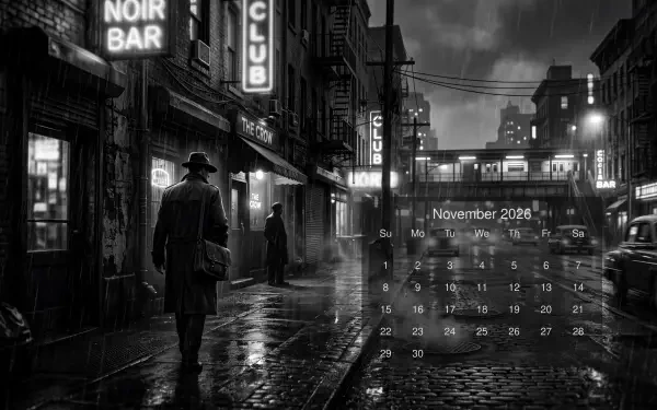 Noir rainy city street at night with silhouetted figures, November 2026 calendar overlay — 5K Ultra HD PC desktop wallpaper and background.
