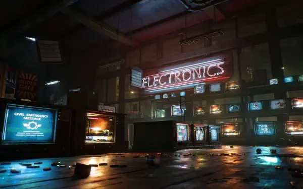 HD PC desktop wallpaper: video game Gears of War: E-Day — a dim, war-torn electronics store interior with shattered monitors and glowing ELECTRONICS sign.