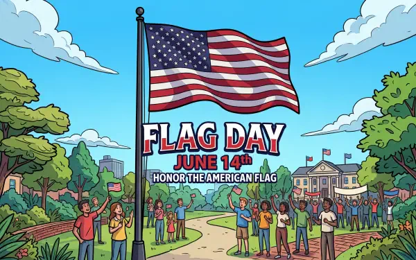 Flag Day 5K Ultra HD PC desktop wallpaper: colorful illustration of a large American flag waving above a park gathering and historic buildings, with text Flag Day June 14th: Honor the American Flag.