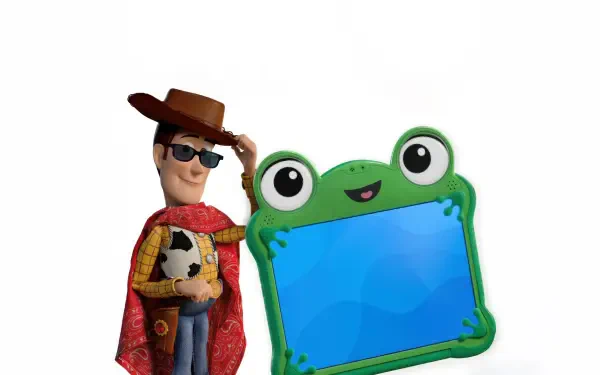 Toy Story 5, Toy Story 5K Ultra HD PC desktop wallpaper: Woody in a cowboy hat and sunglasses holding a soccer ball beside a smiling frog-shaped blue sign on a white background.