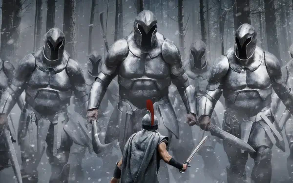 4K Ultra HD PC desktop wallpaper and background — The Odyssey (2026): a lone crested warrior with sword faces towering armored sentinels in a snowy, shadowed forest.