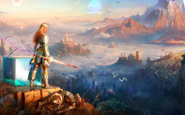 Laufey from God of War surveys a vast Norse landscape from a cliff at sunrise — 4K Ultra HD PC desktop wallpaper/background.