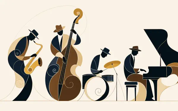 Clean 4K Ultra HD PC desktop wallpaper and background: minimalist stylized jazz quartet—saxophonist, double bassist, drummer and pianist in warm brown and black on cream.