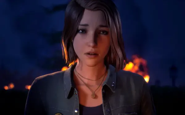 4K Ultra HD PC desktop wallpaper from the video game Life Is Strange: Reunion (Life Is Strange) — close-up of a somber young woman lit by distant firelight.