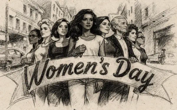 4K Ultra HD PC desktop wallpaper: sketch of diverse women standing united in a city, banner reading 'Women's Day'.