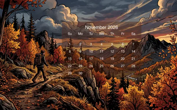 November 2026 calendar over 5K Ultra HD PC desktop wallpaper showing an autumn mountain valley at sunset with a lone hiker on a rocky trail.