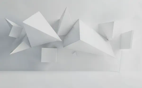 4K Ultra HD PC desktop wallpaper, white aesthetic: abstract 3D white geometric shapes float above a minimal white surface with soft shadows and a clean, modern composition.