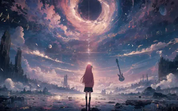 4K Ultra HD PC Desktop Wallpaper and Background: lone figure on a reflective shore faces a swirling celestial portal, a floating guitar and distant spires under vivid clouds.