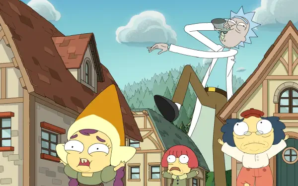 TV show Rick and Morty — season 9 HD PC desktop wallpaper: Rick strides above three alarmed townsfolk in a quaint village.