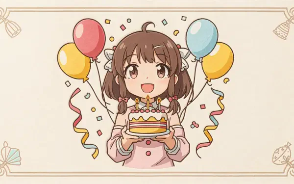 4K Ultra HD anime desktop wallpaper: cheerful girl in pigtails holding a birthday cake, surrounded by balloons, streamers and confetti on a pastel background.