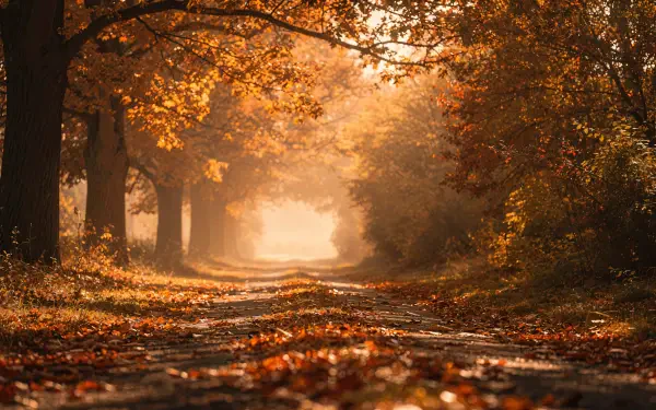 Autumn aesthetic 4K Ultra HD PC desktop wallpaper background: sunlit tree-lined path with warm mist and golden-orange leaves carpeting the trail.