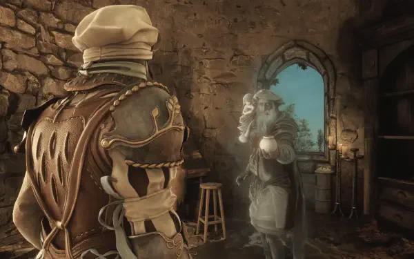 4K Ultra HD PC desktop wallpaper/background from the video game Soulframe: an armored warrior faces a translucent, cloaked apparition in a candlelit stone chamber framed by an arched window.