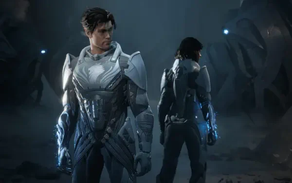 Exodus (2027) video game 4K Ultra HD PC wallpaper: two armored futuristic operatives stand back-to-back in a dim, blue-lit cavern, their glowing combat suits and tech visors prominent.