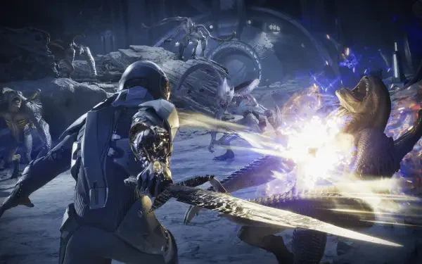 4K Ultra HD PC desktop wallpaper of Exodus (2027 video game): armored soldier swings a glowing sword at shadowy alien creatures across a blue, ice-bound battlefield.
