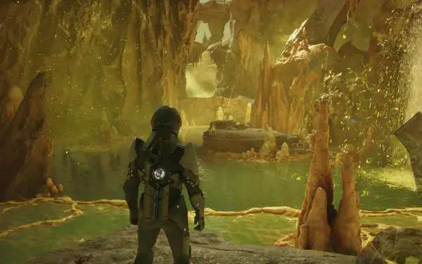 HD PC desktop wallpaper from Exodus (2027 video game): armored explorer stands in a glowing cavern above green pools, crystalline stalactites and alien rock formations.