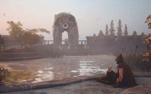 Soulframe video game 4K Ultra HD PC desktop wallpaper and background: cloaked warrior and companion by a reflective pool gazing at a mossy stone arch and distant ruins at dusk.