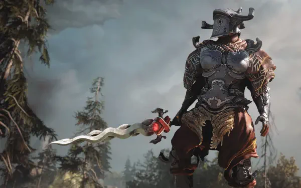 Soulframe video game 4K Ultra HD PC desktop wallpaper and background: armored warrior with ornate, flowing blade stands on a misty cliff overlooking a dark forest and stormy sky.