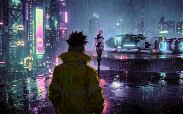 Cyberpunk: Edgerunners 5K Ultra HD PC desktop wallpaper and background — David in a yellow coat watches Lucy by a neon-lit hovercar on a rainy rooftop above a neon-soaked cyberpunk city.