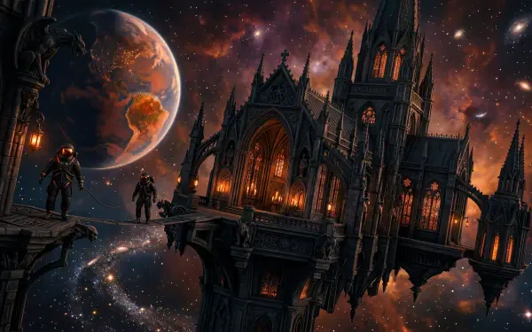 5K Ultra HD PC Desktop wallpaper and background: a glowing gothic cathedral suspended in space above a reflective void, armored figures on a broken skybridge, distant planet and starfield.