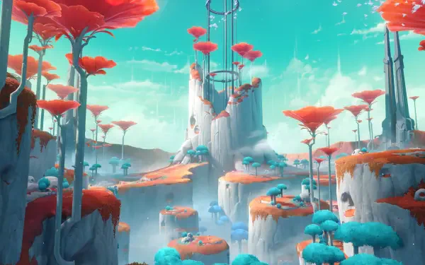4K Ultra HD PC desktop wallpaper of Genshin Impact (Luna VIII): floating islands with coral-red trees, teal skies and towering stone spires — video game scene.