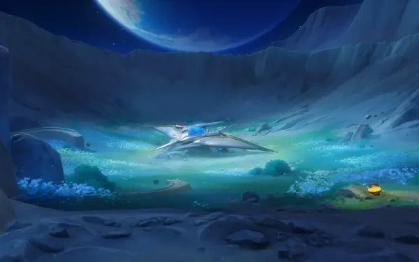 4K Ultra HD PC desktop wallpaper — Genshin Impact (video game) Luna VIII: a sleek spacecraft rests in a glowing crater under a giant blue planet, surrounded by luminescent flora.