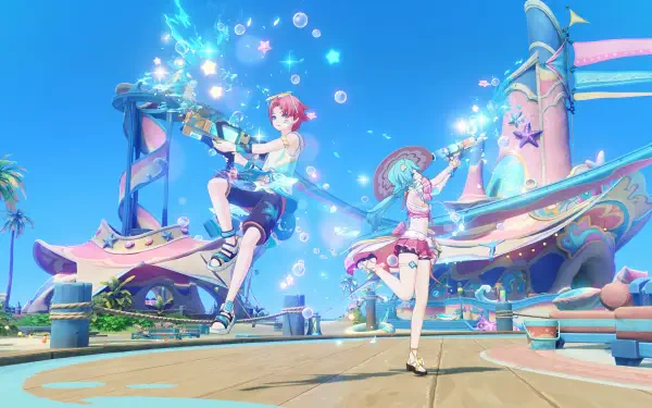 Video game Genshin Impact — Luna VIII 4K Ultra HD PC desktop wallpaper: two characters dancing on a pastel seaside festival stage, surrounded by magical sparkles under a bright blue sky.