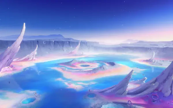 4K Ultra HD Genshin Impact Luna VIII PC desktop wallpaper: pastel crystalline frozen crater with a glowing circular pool, jagged ice spires and twilight sky — video game background.