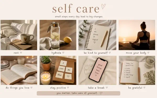 Self-care 4K Ultra HD PC desktop wallpaper and background: warm collage of cozy bed and tea, skincare, journals, sunset yoga, books, candles, affirmations and gentle daily prompts.