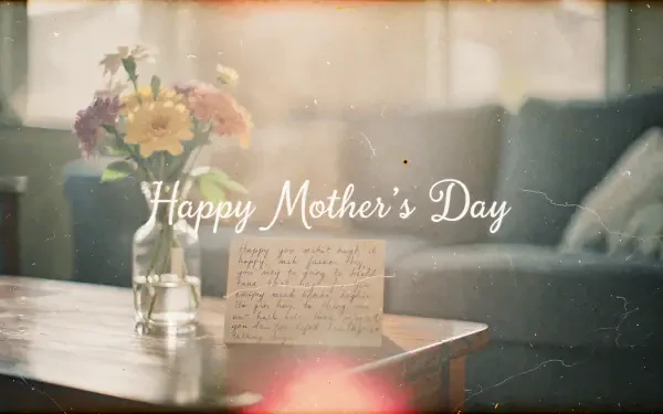 4K Ultra HD PC desktop wallpaper: warm, softly lit scene of flowers in a vase and a handwritten note on a wooden table with a blurred sofa background, overlaid text Happy Mother's Day.